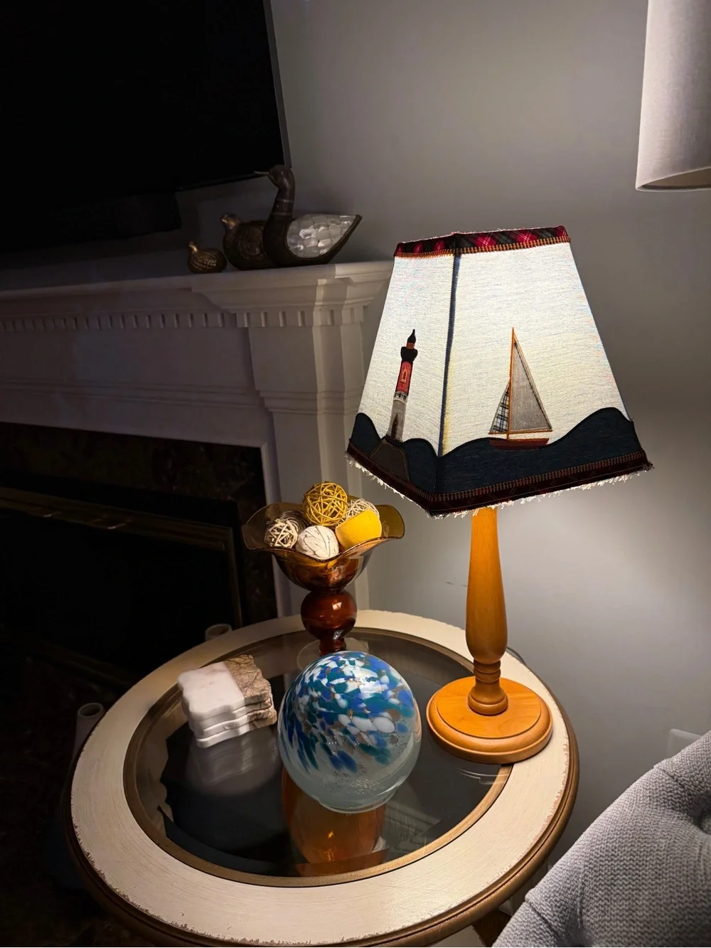 Nautical-Themed Accent Table Lamp W/Hand-Crafted Folk-Art-Style Fabric Lampshade